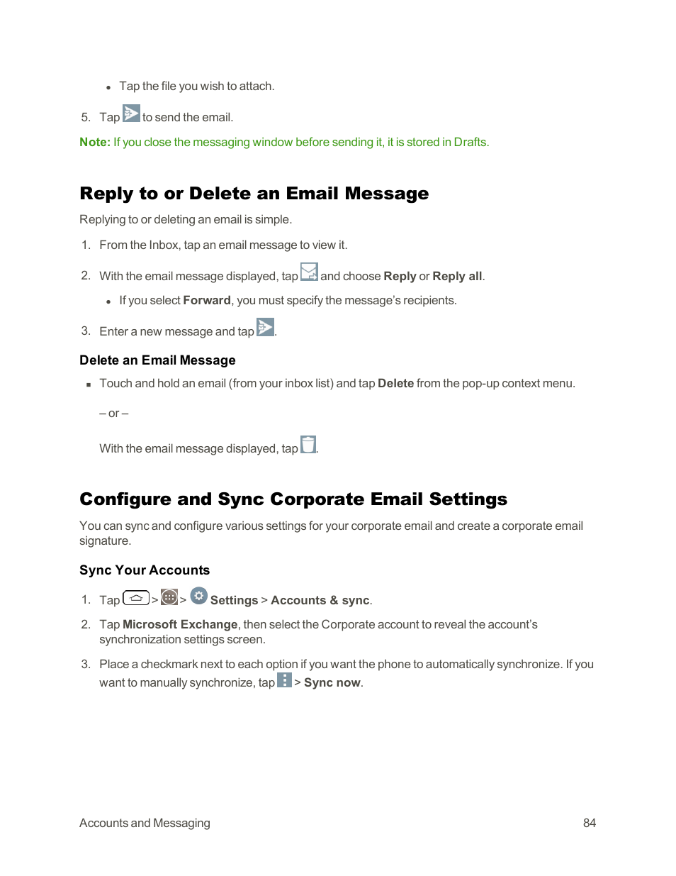 Reply to or delete an email message, Configure and sync corporate email settings | LG G3 Vigor User Manual | Page 93 / 199