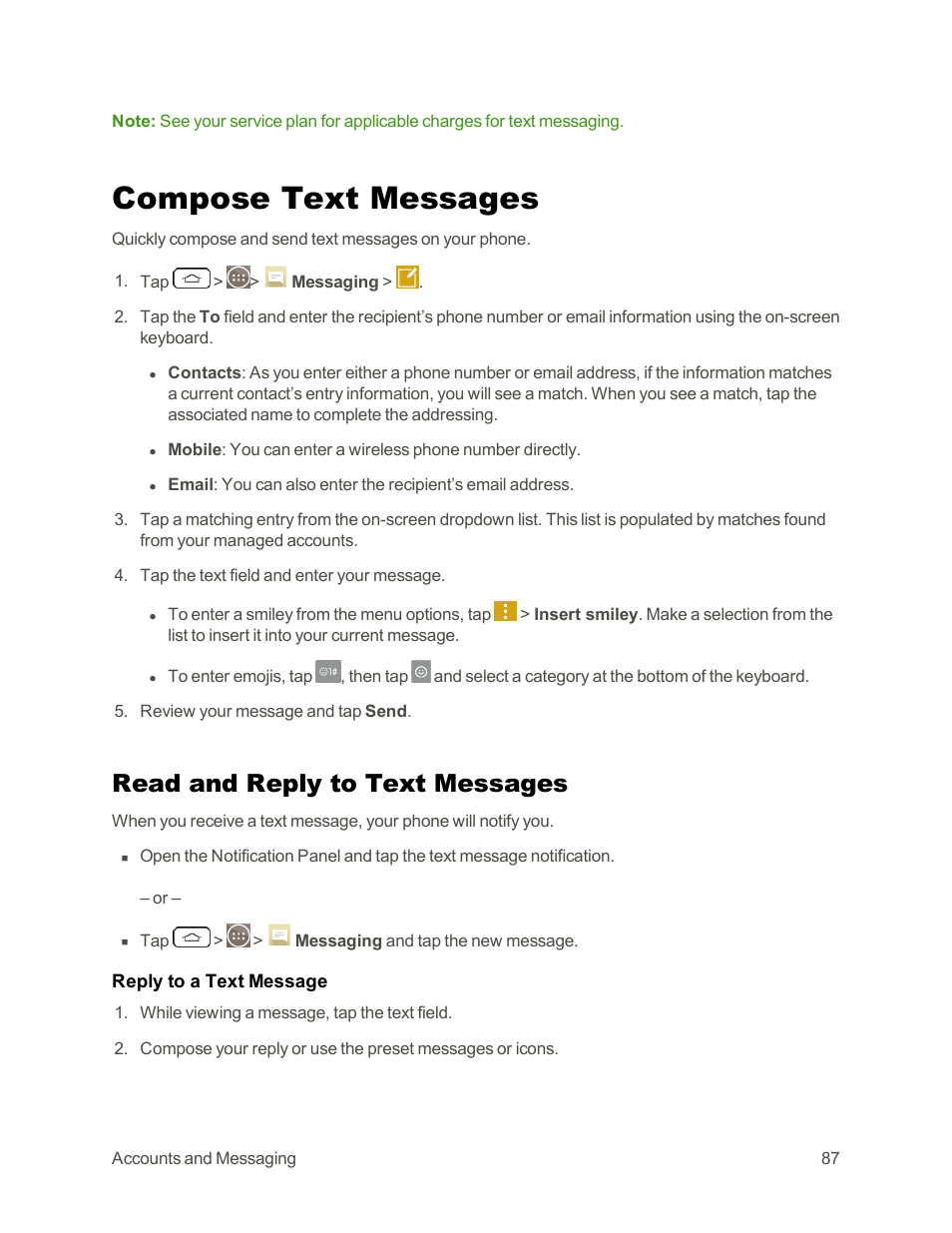 Compose text messages, Read and reply to text messages | LG G3 Vigor User Manual | Page 96 / 199