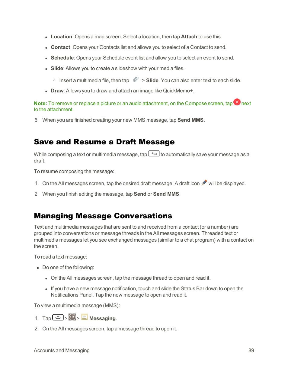 Save and resume a draft message, Managing message conversations | LG G3 Vigor User Manual | Page 98 / 199