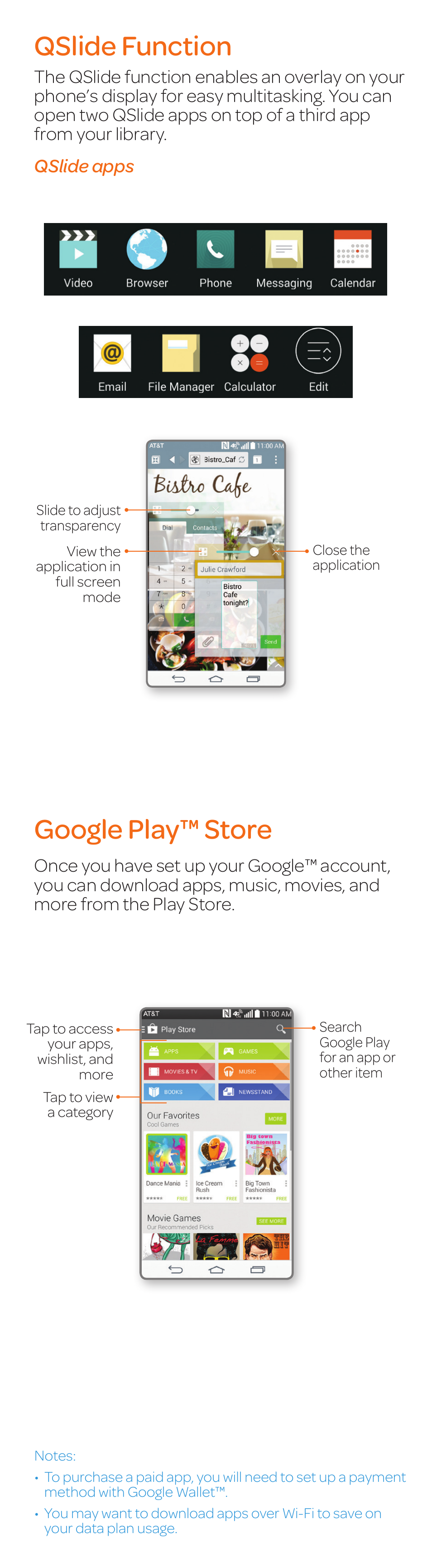 Qslide function, Google play™ store | LG G3 Vigor User Manual | Page 13 / 20