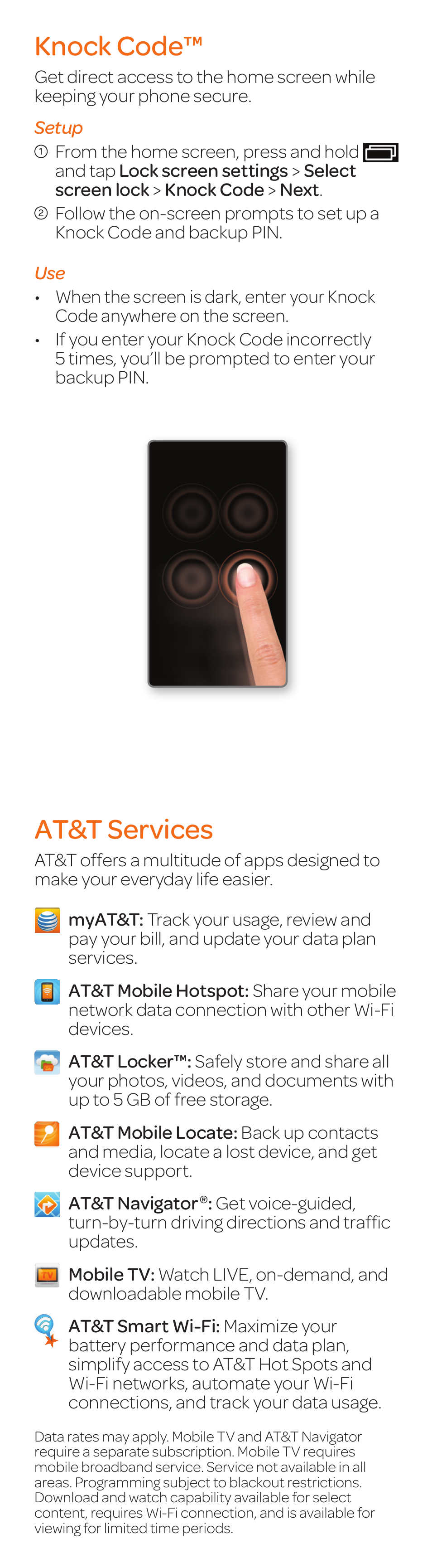 Knock code, At&t services | LG G3 Vigor User Manual | Page 14 / 20