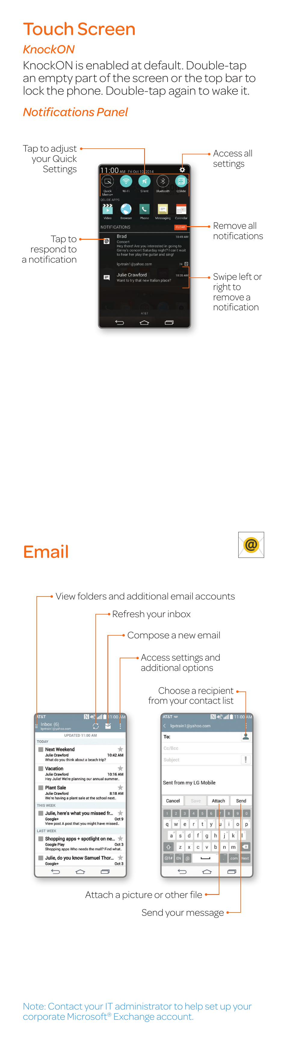 Touch screen, Email | LG G3 Vigor User Manual | Page 4 / 20