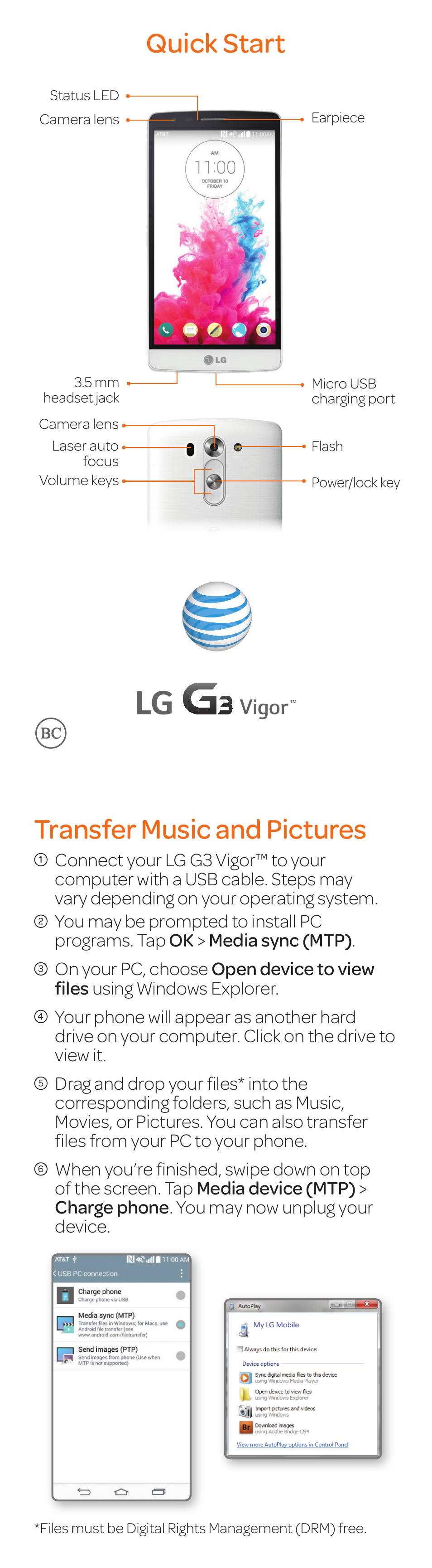 Quick start transfer music and pictures | LG G3 Vigor User Manual | Page 6 / 20