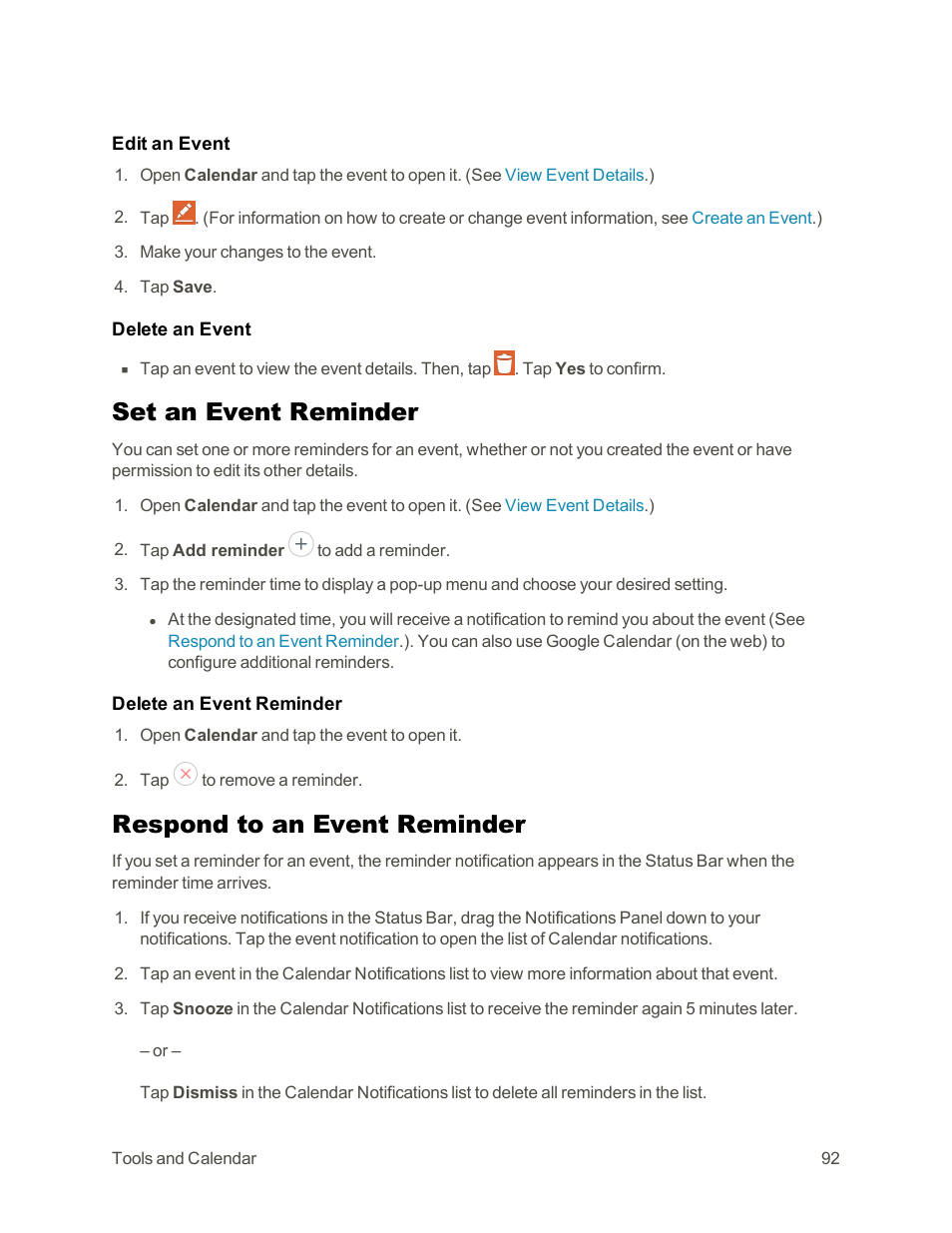 Set an event reminder, Respond to an event reminder | LG Tribute User Manual | Page 100 / 148