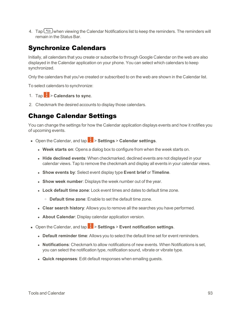 Synchronize calendars, Change calendar settings, Synchronize | Calendars | LG Tribute User Manual | Page 101 / 148