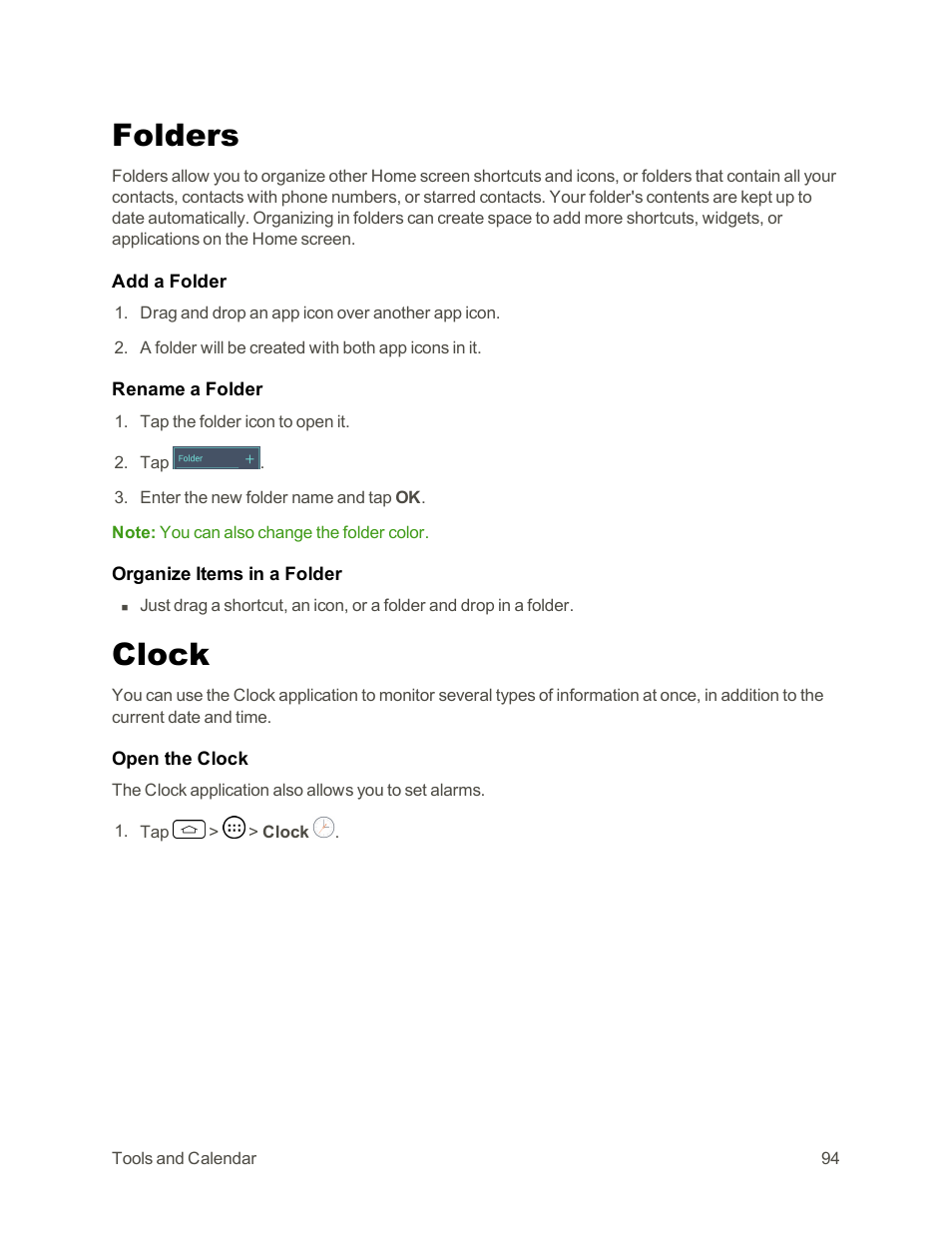 Folders, Clock | LG Tribute User Manual | Page 102 / 148