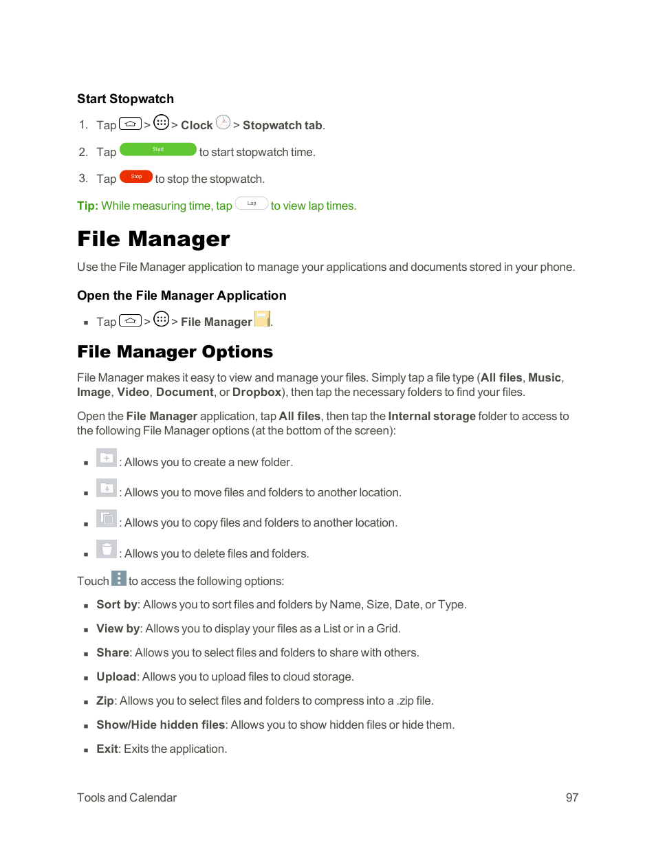 File manager, File manager options | LG Tribute User Manual | Page 105 / 148