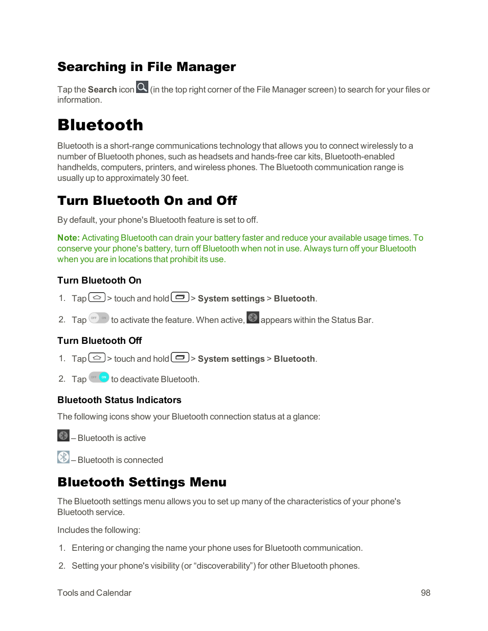 Searching in file manager, Bluetooth, Turn bluetooth on and off | Bluetooth settings menu | LG Tribute User Manual | Page 106 / 148