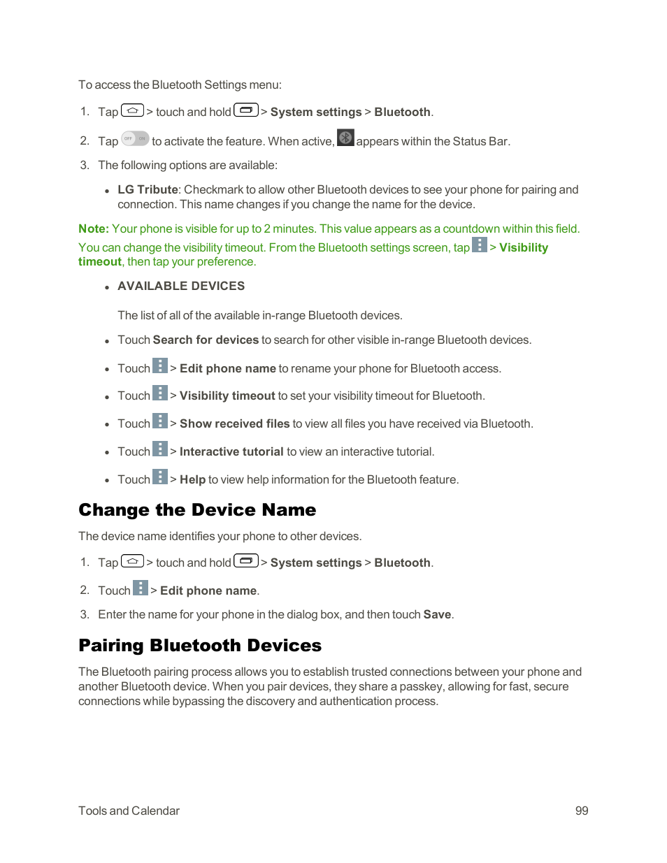 Change the device name, Pairing bluetooth devices | LG Tribute User Manual | Page 107 / 148