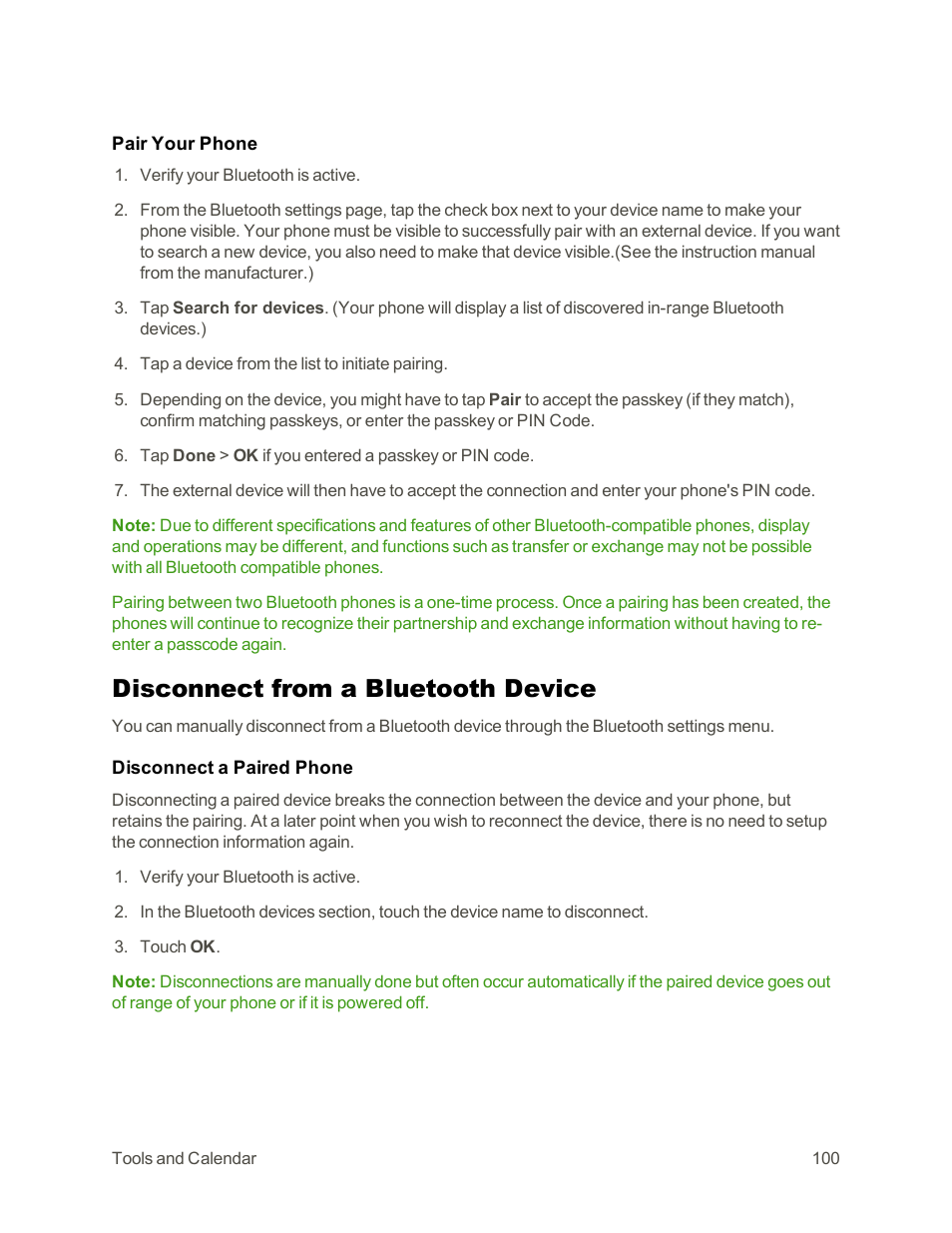 Disconnect from a bluetooth device | LG Tribute User Manual | Page 108 / 148