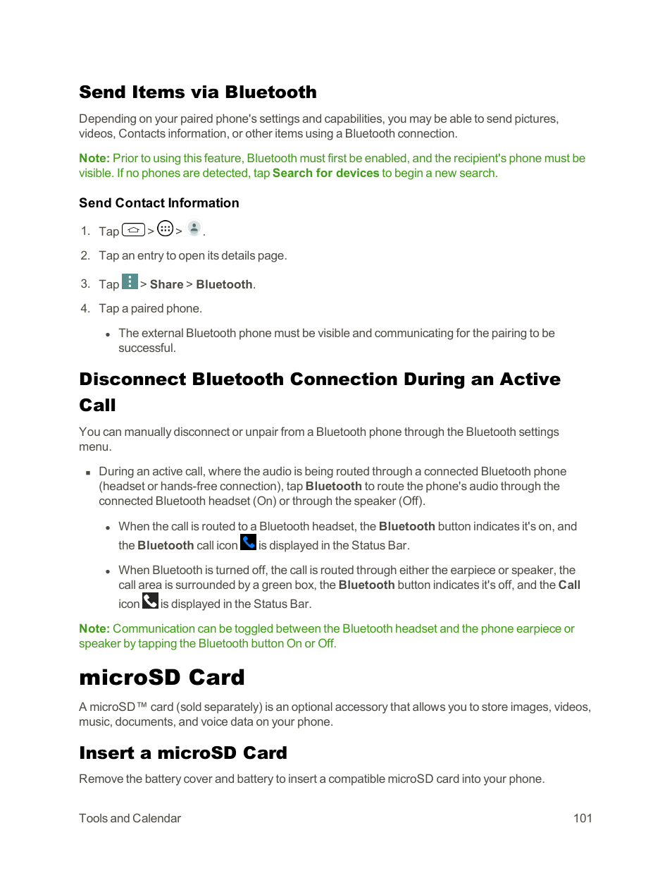 Send items via bluetooth, Microsd card, Insert a microsd card | LG Tribute User Manual | Page 109 / 148