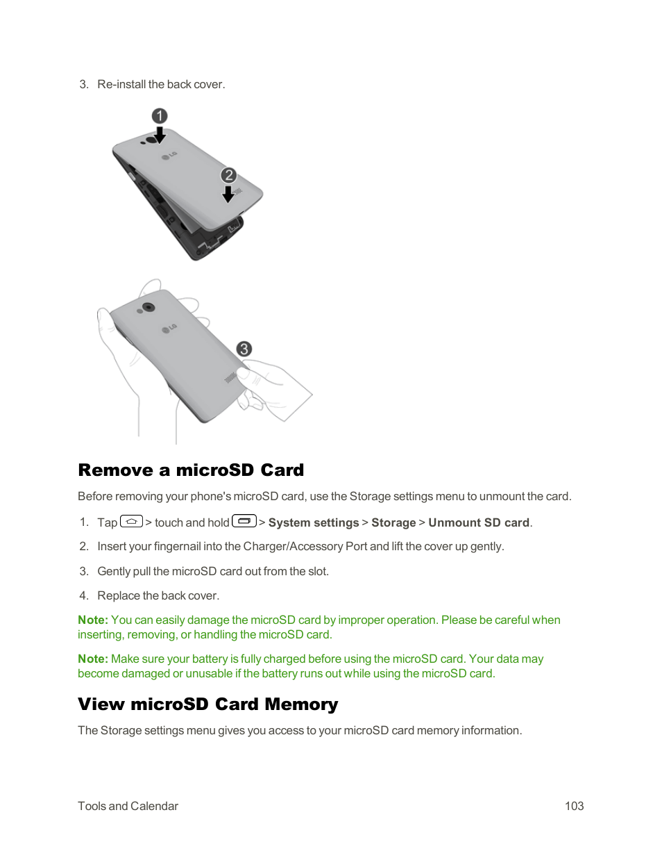 Remove a microsd card, View microsd card memory | LG Tribute User Manual | Page 111 / 148