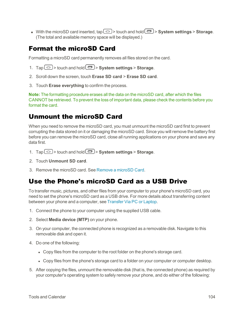 Format the microsd card, Unmount the microsd card, Use the phone's microsd card as a usb drive | LG Tribute User Manual | Page 112 / 148