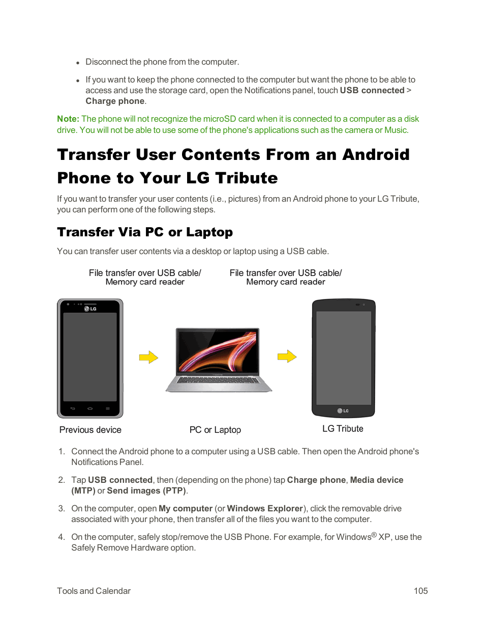 Transfer via pc or laptop | LG Tribute User Manual | Page 113 / 148
