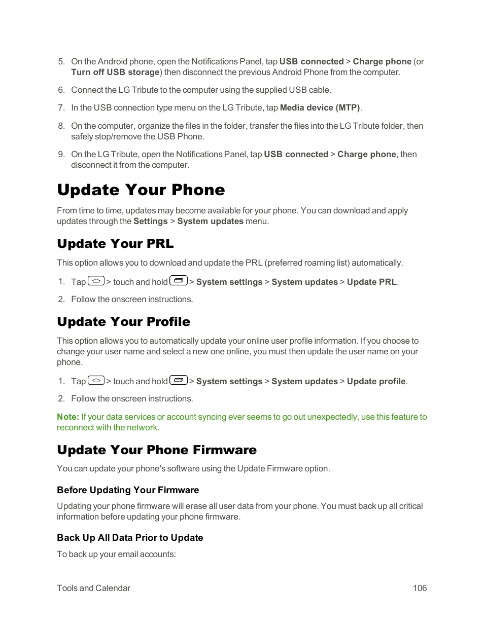 Update your phone, Update your prl, Update your profile | Update your phone firmware | LG Tribute User Manual | Page 114 / 148