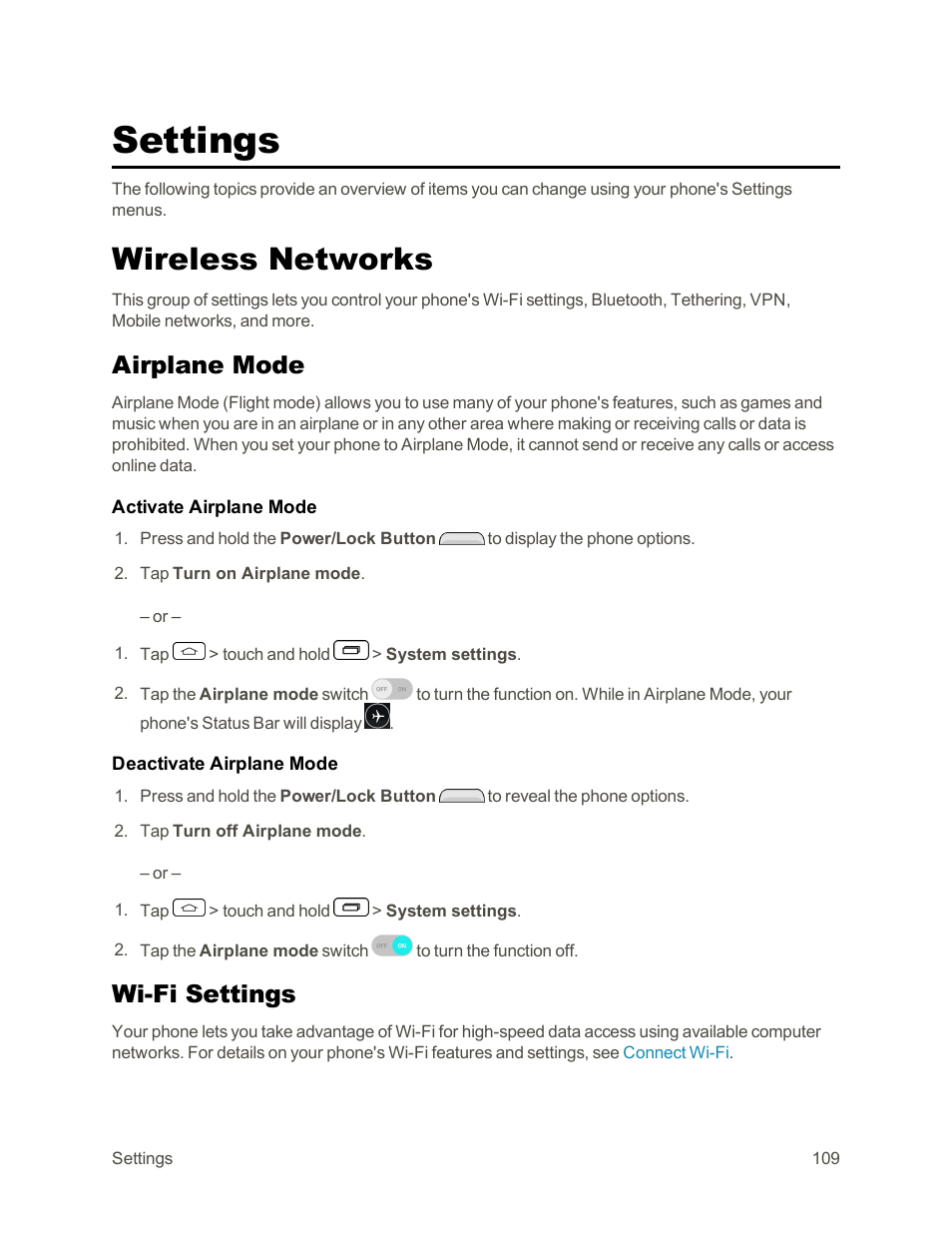 Settings, Wireless networks, Airplane mode | Wi-fi settings | LG Tribute User Manual | Page 117 / 148