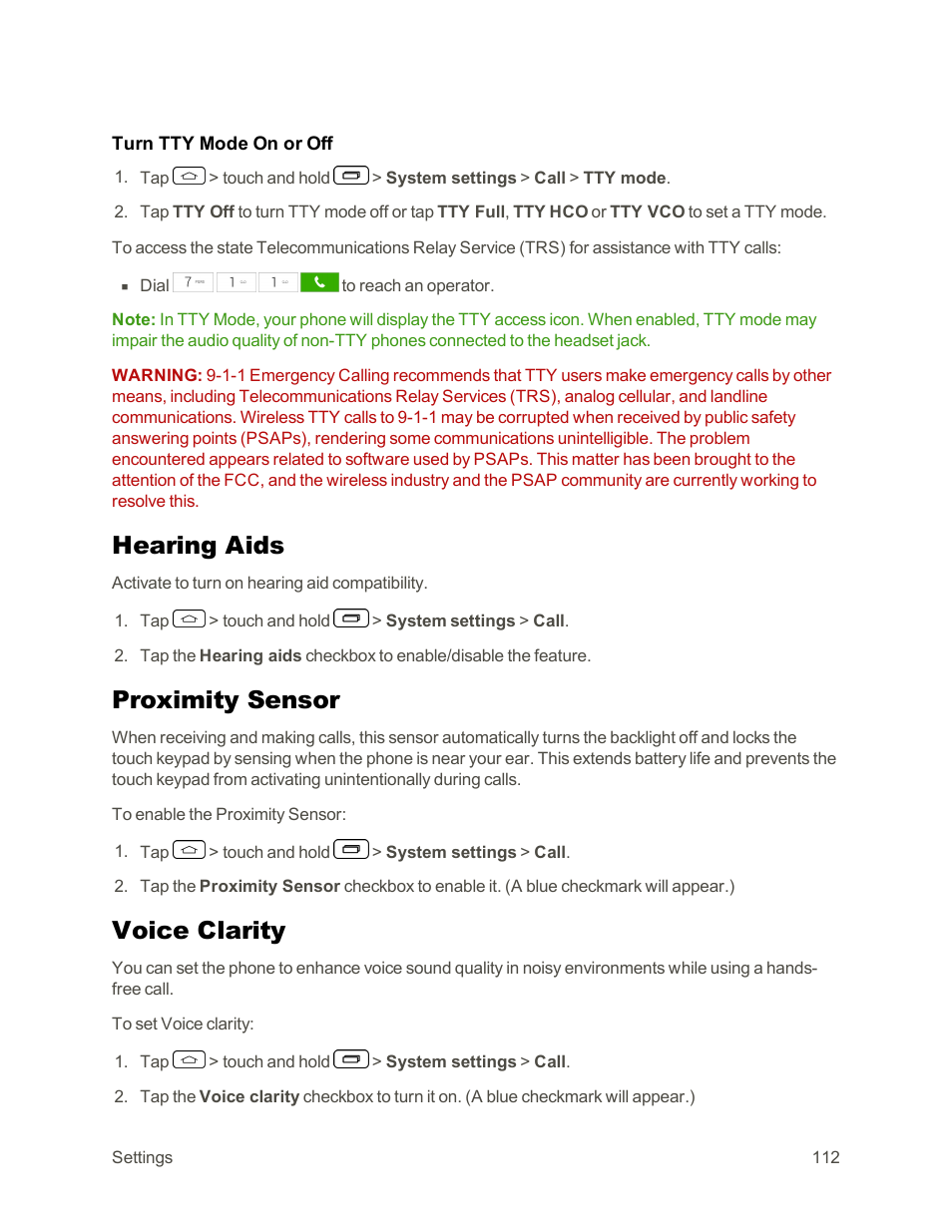 Hearing aids, Proximity sensor, Voice clarity | LG Tribute User Manual | Page 120 / 148