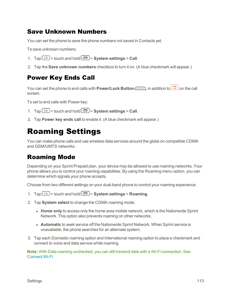 Save unknown numbers, Power key ends call, Roaming settings | Roaming mode | LG Tribute User Manual | Page 121 / 148