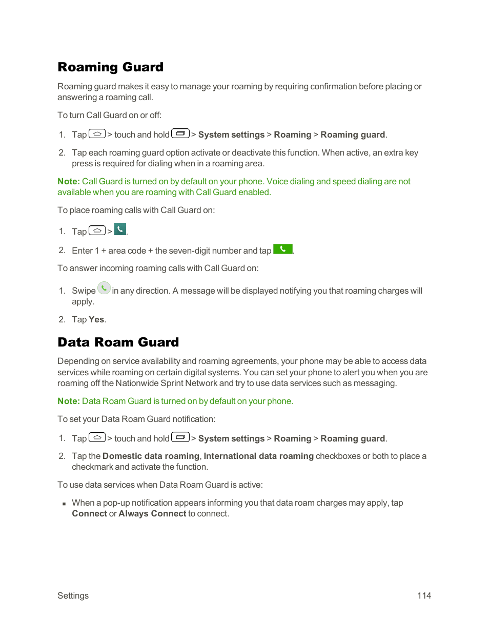 Roaming guard, Data roam guard | LG Tribute User Manual | Page 122 / 148