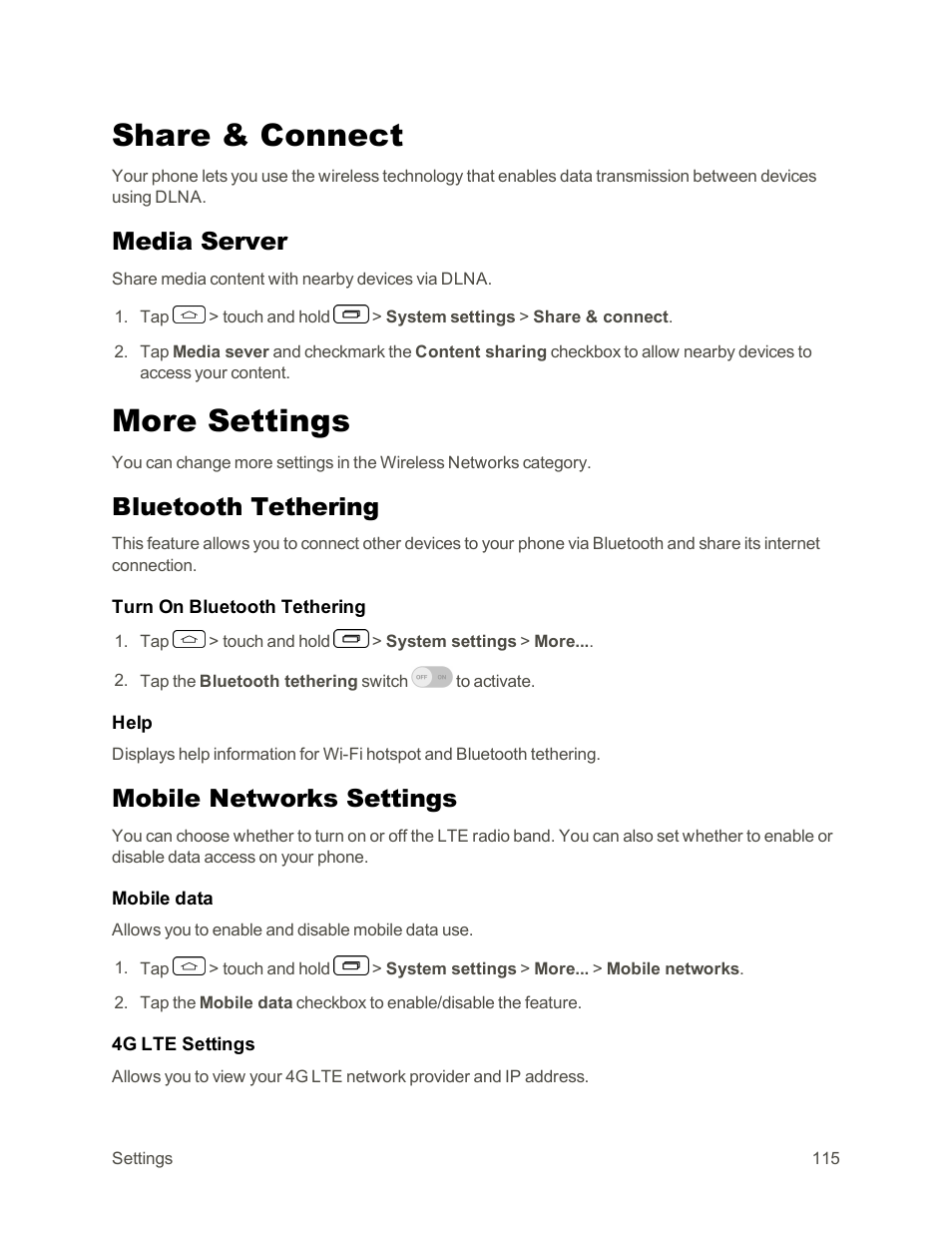 Share & connect, Media server, More settings | Bluetooth tethering, Mobile networks settings | LG Tribute User Manual | Page 123 / 148