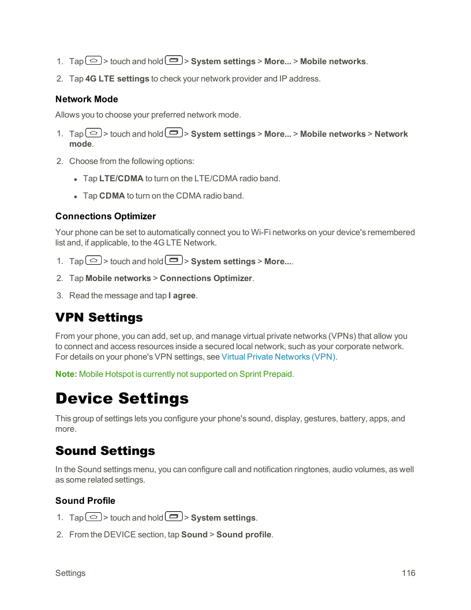 Vpn settings, Device settings, Sound settings | Connections optimizer | LG Tribute User Manual | Page 124 / 148