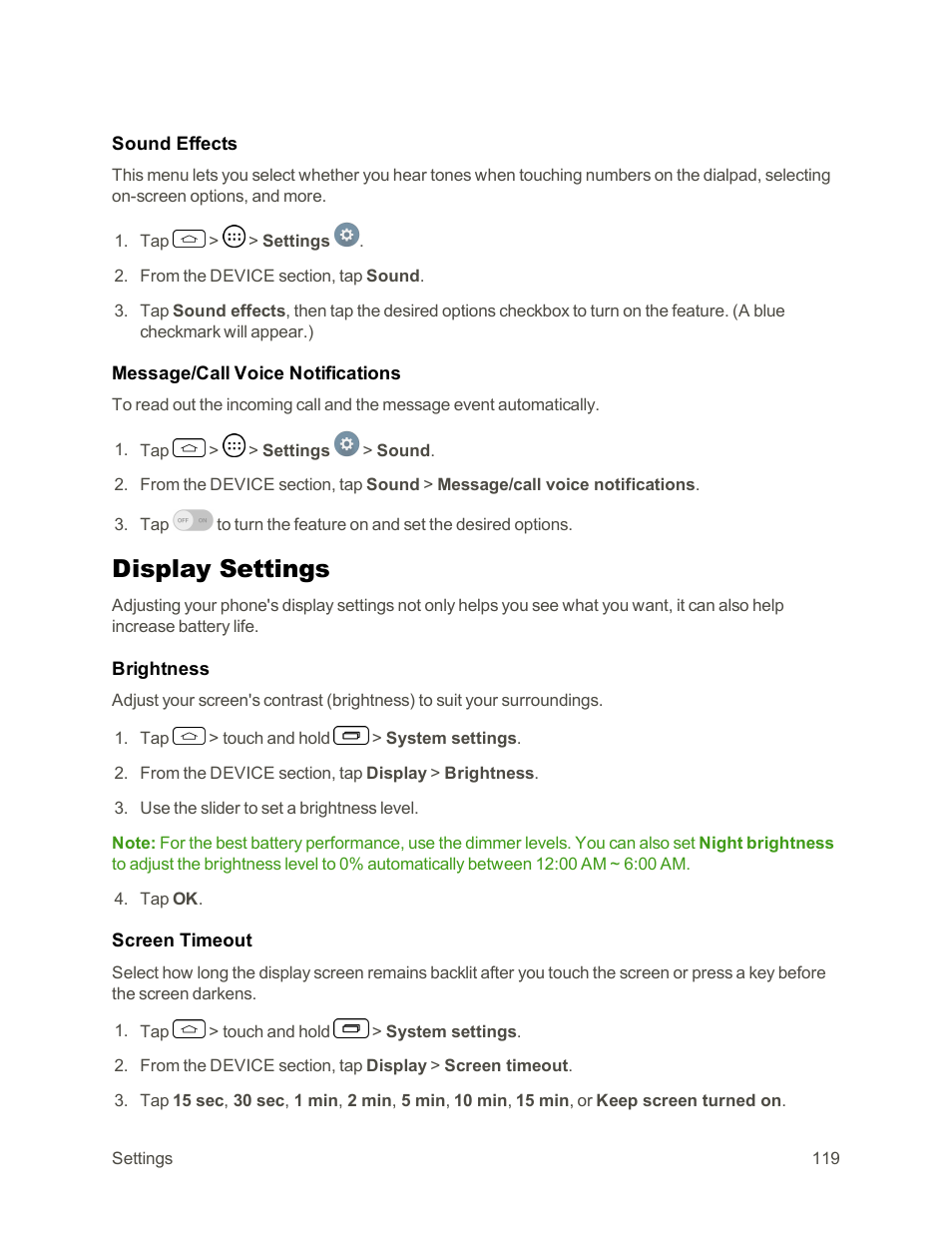 Display settings, Screen timeout | LG Tribute User Manual | Page 127 / 148