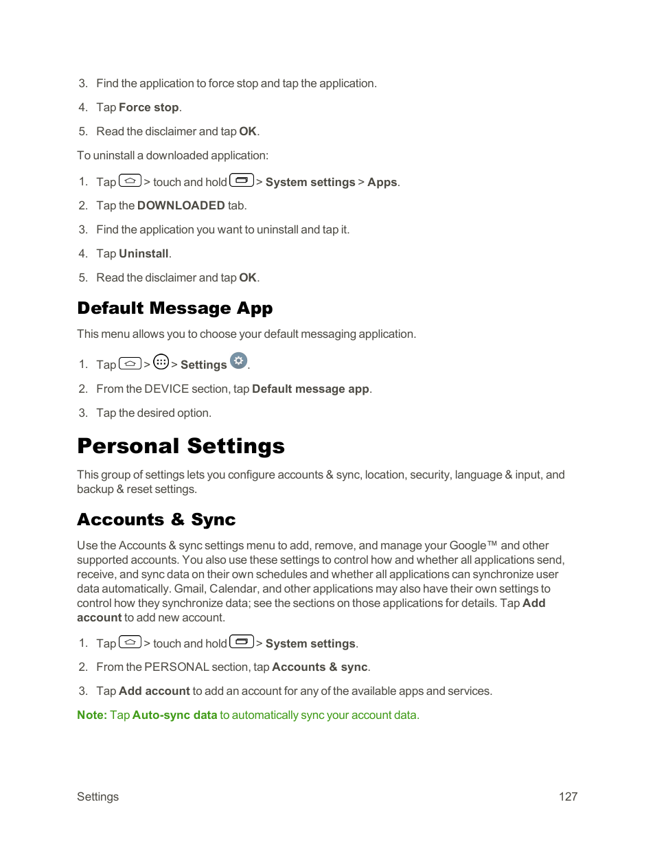 Default message app, Personal settings, Accounts & sync | LG Tribute User Manual | Page 135 / 148