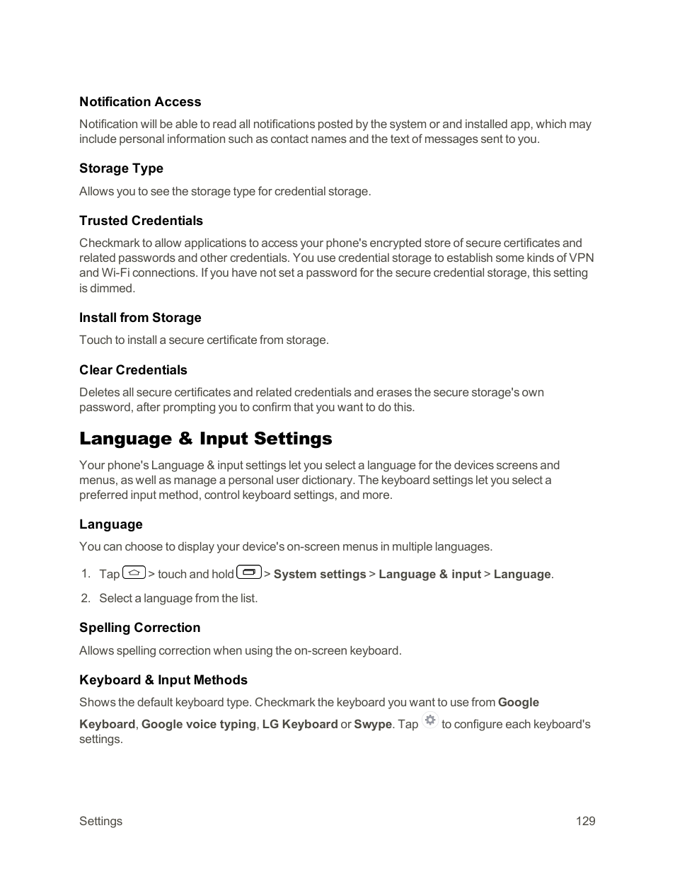 Language & input settings | LG Tribute User Manual | Page 137 / 148