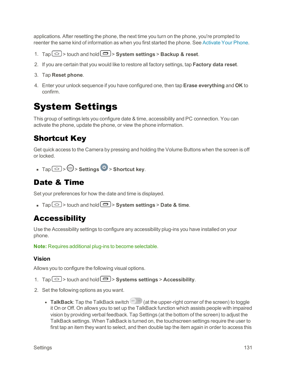 System settings, Shortcut key, Date & time | Accessibility | LG Tribute User Manual | Page 139 / 148