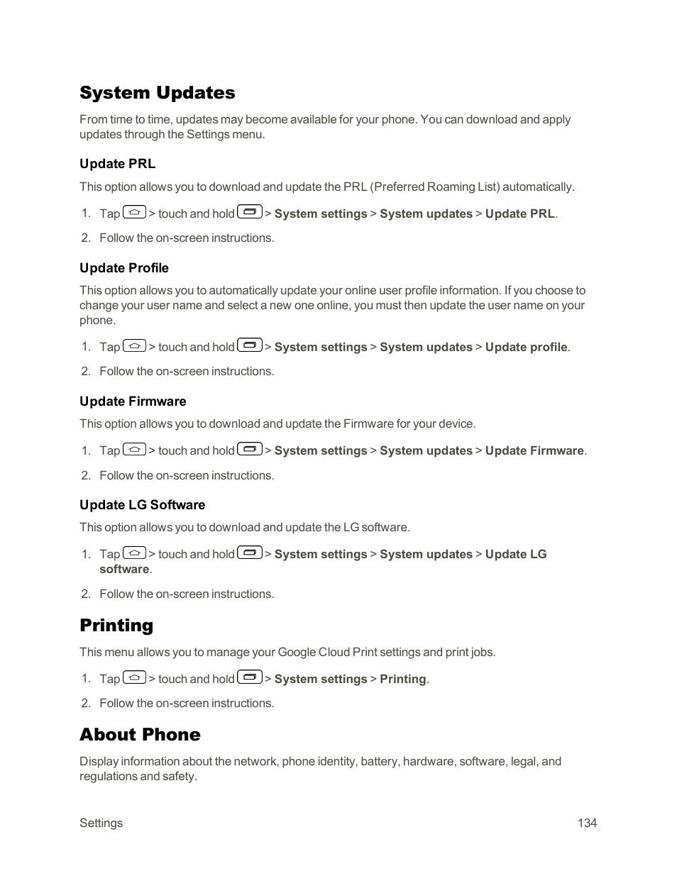 System updates, Printing, About phone | LG Tribute User Manual | Page 142 / 148