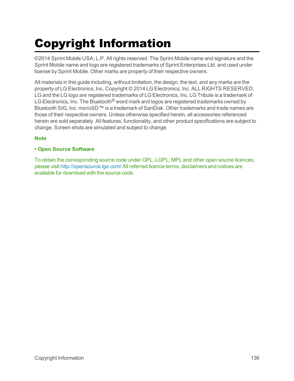 Copyright information | LG Tribute User Manual | Page 144 / 148