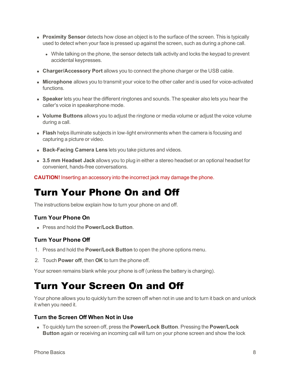 Turn your phone on and off, Turn your screen on and off | LG Tribute User Manual | Page 16 / 148