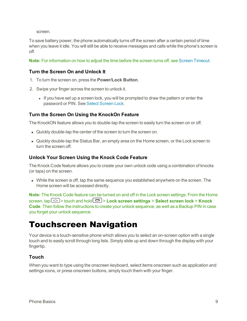 Touchscreen navigation | LG Tribute User Manual | Page 17 / 148