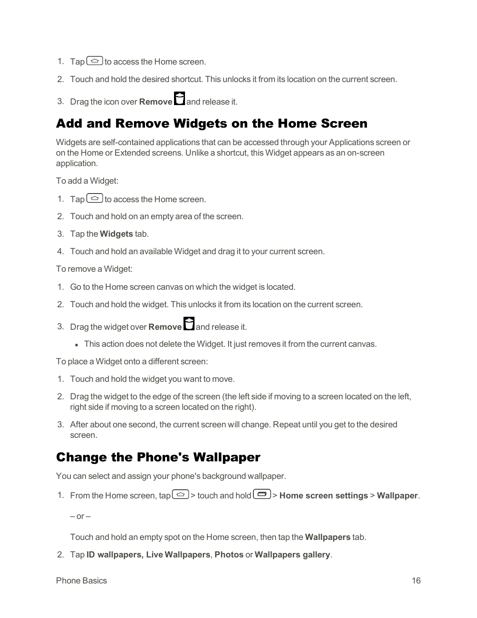 Add and remove widgets on the home screen, Change the phone's wallpaper | LG Tribute User Manual | Page 24 / 148