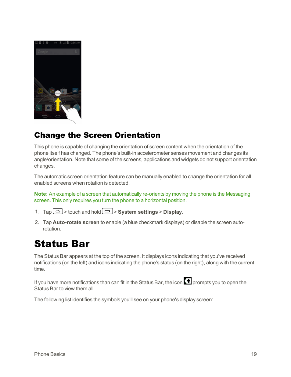 Change the screen orientation, Status bar | LG Tribute User Manual | Page 27 / 148