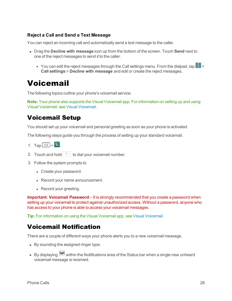 Voicemail, Voicemail setup, Voicemail notification | LG Tribute User Manual | Page 36 / 148