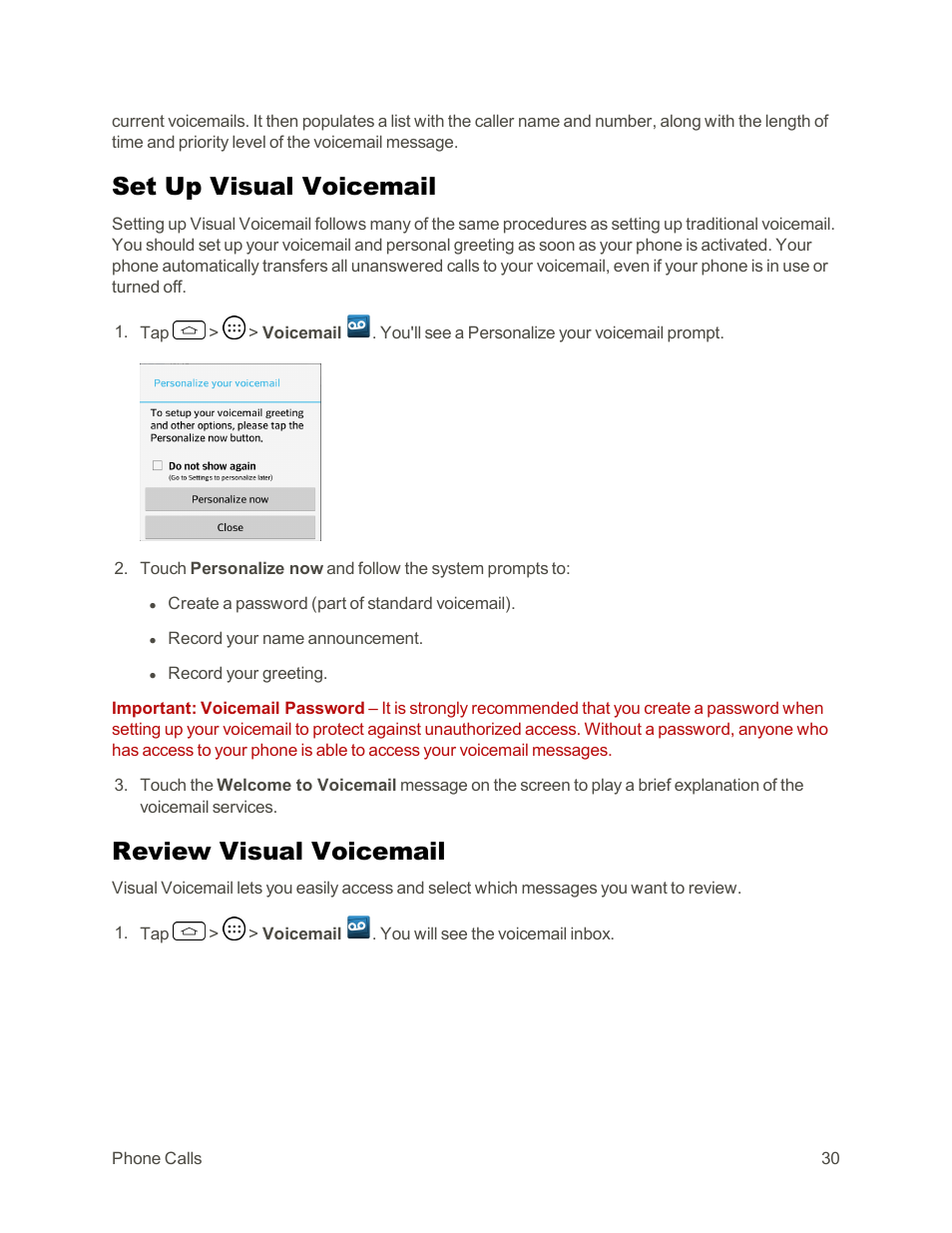 Set up visual voicemail, Review visual voicemail | LG Tribute User Manual | Page 38 / 148