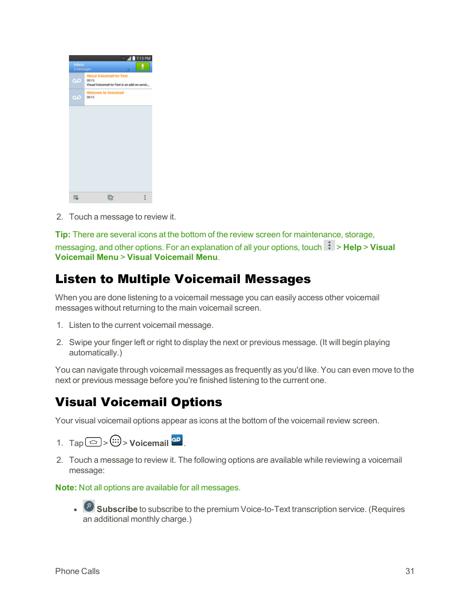 Listen to multiple voicemail messages, Visual voicemail options | LG Tribute User Manual | Page 39 / 148