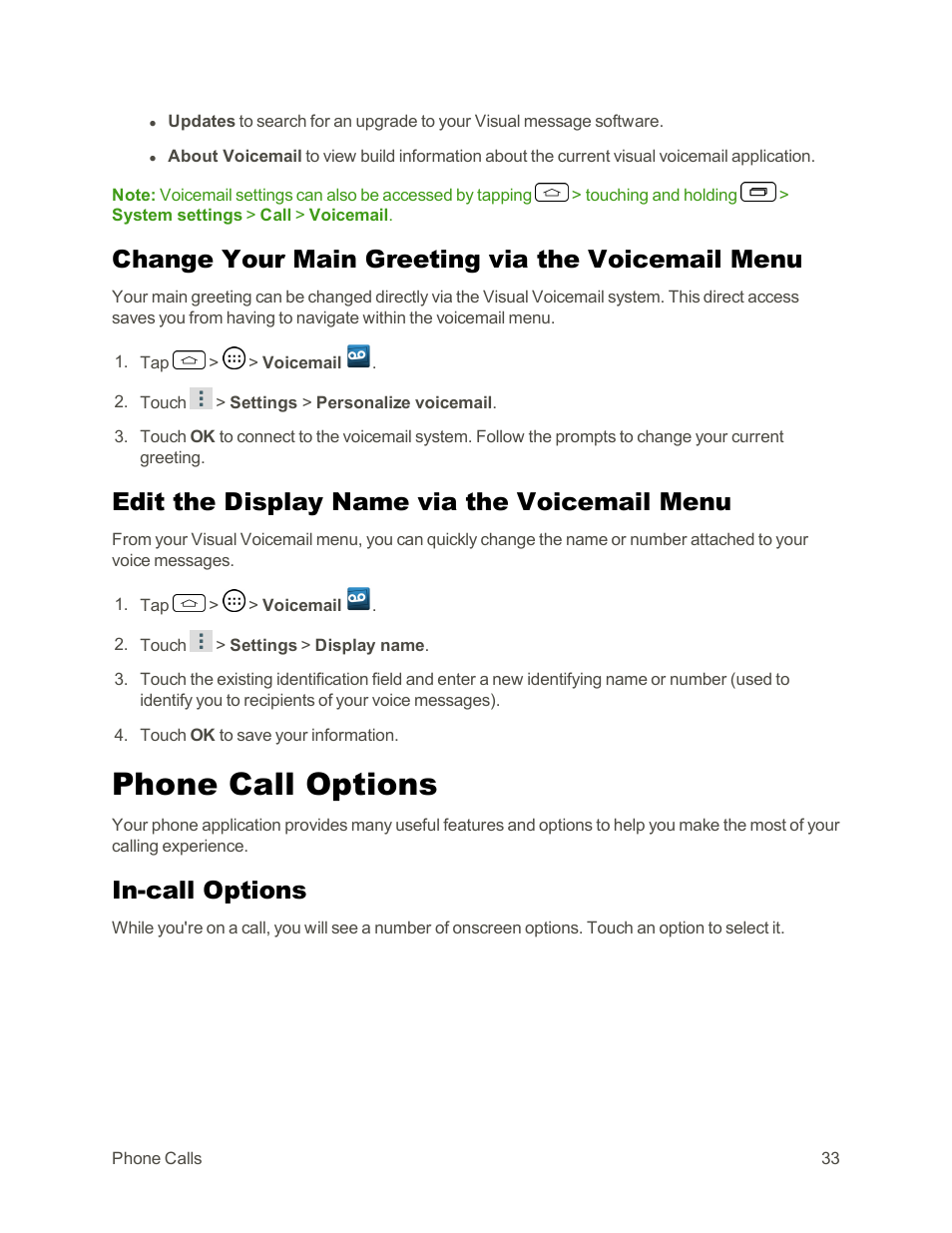 Change your main greeting via the voicemail menu, Edit the display name via the voicemail menu, Phone call options | In-call options | LG Tribute User Manual | Page 41 / 148