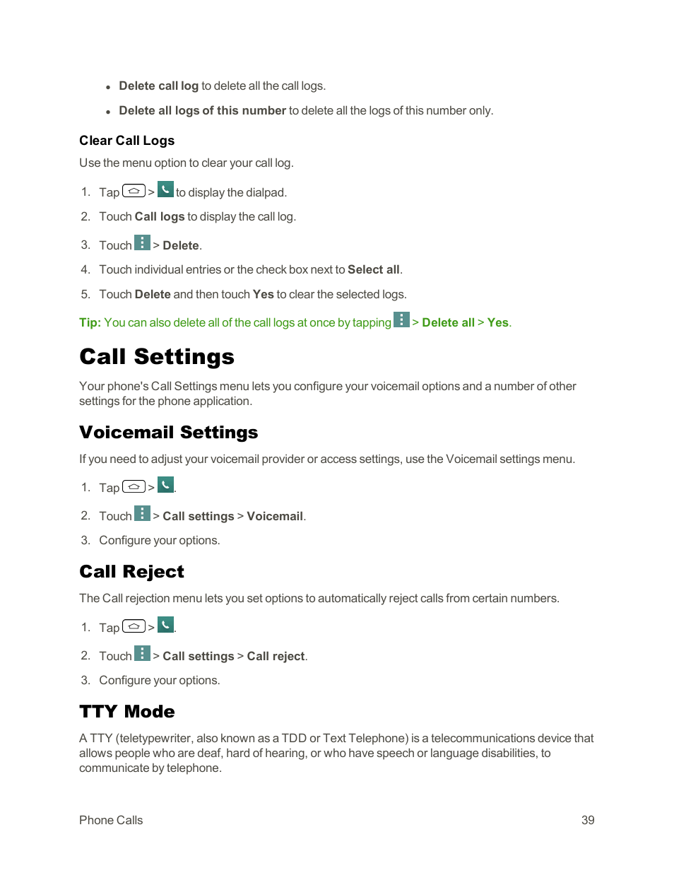 Call settings, Voicemail settings, Call reject | Tty mode | LG Tribute User Manual | Page 47 / 148