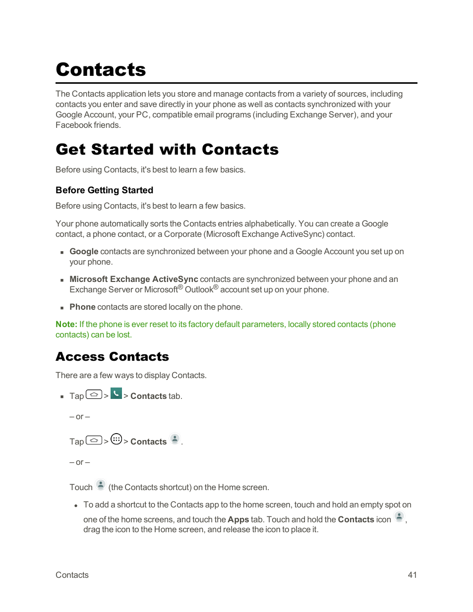 Contacts, Get started with contacts, Access contacts | LG Tribute User Manual | Page 49 / 148