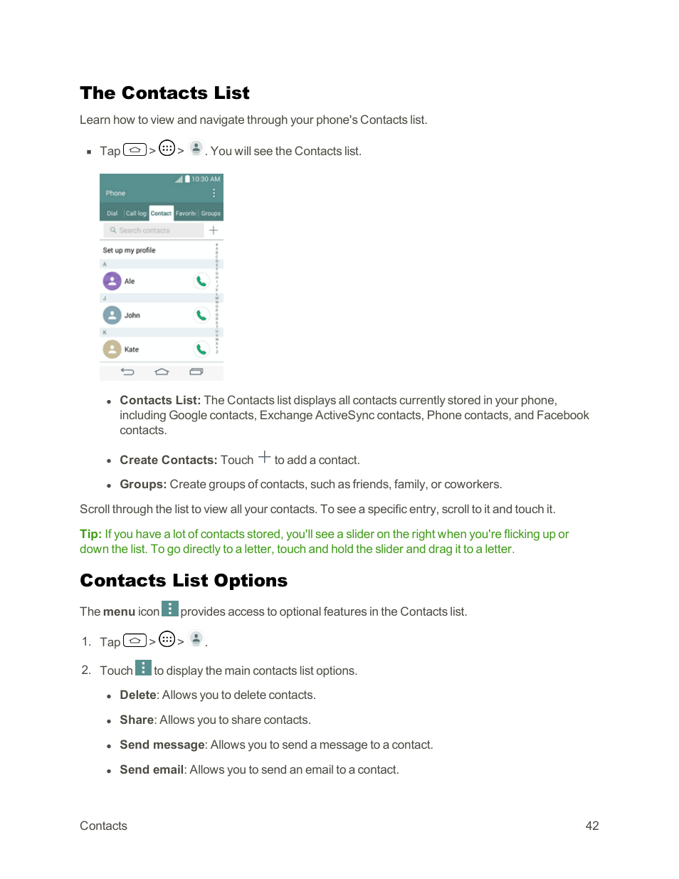 The contacts list, Contacts list options | LG Tribute User Manual | Page 50 / 148