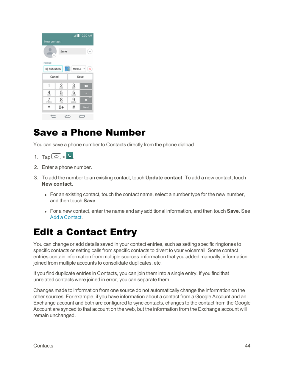 Save a phone number, Edit a contact entry | LG Tribute User Manual | Page 52 / 148