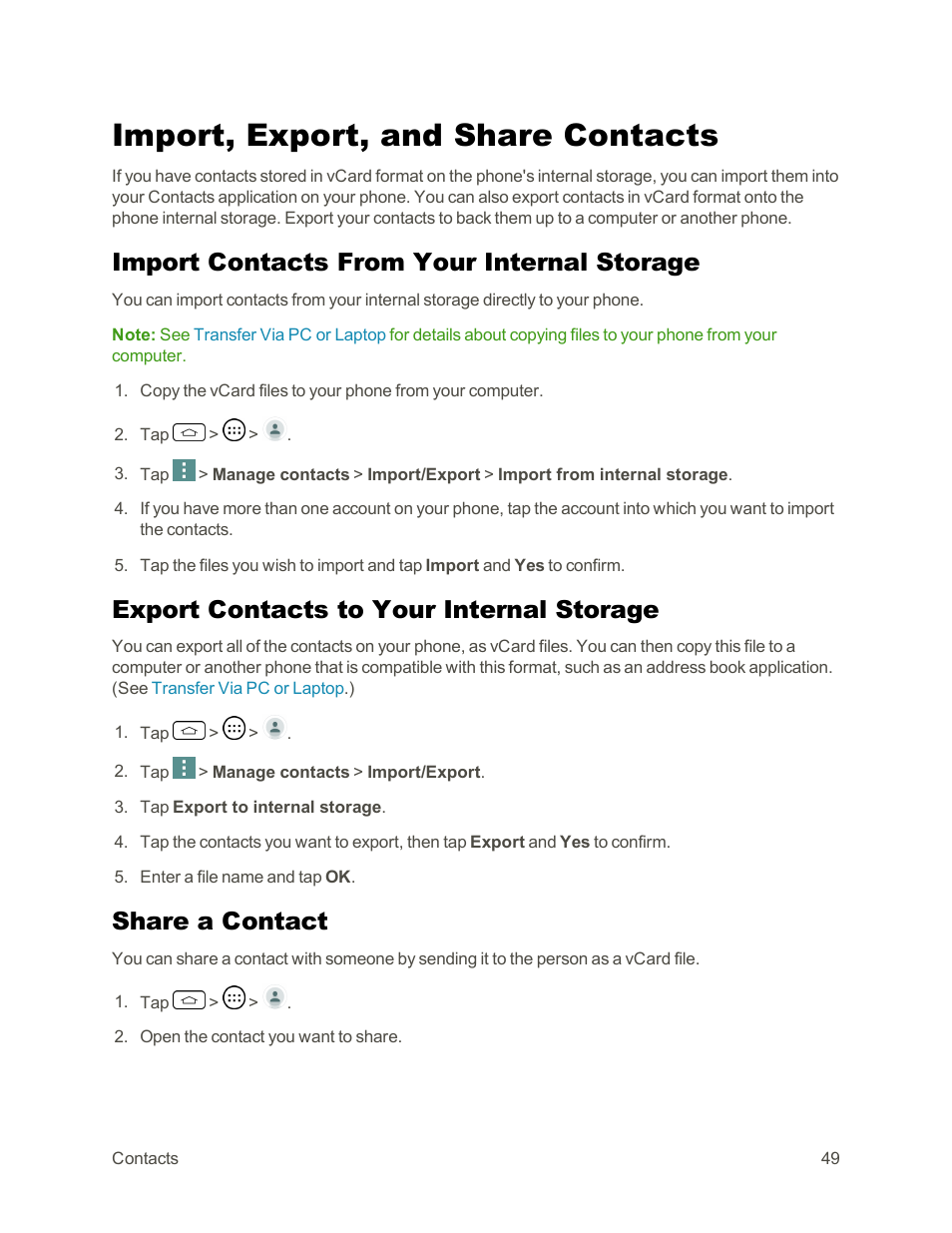 Import, export, and share contacts, Import contacts from your internal storage, Export contacts to your internal storage | Share a contact | LG Tribute User Manual | Page 57 / 148