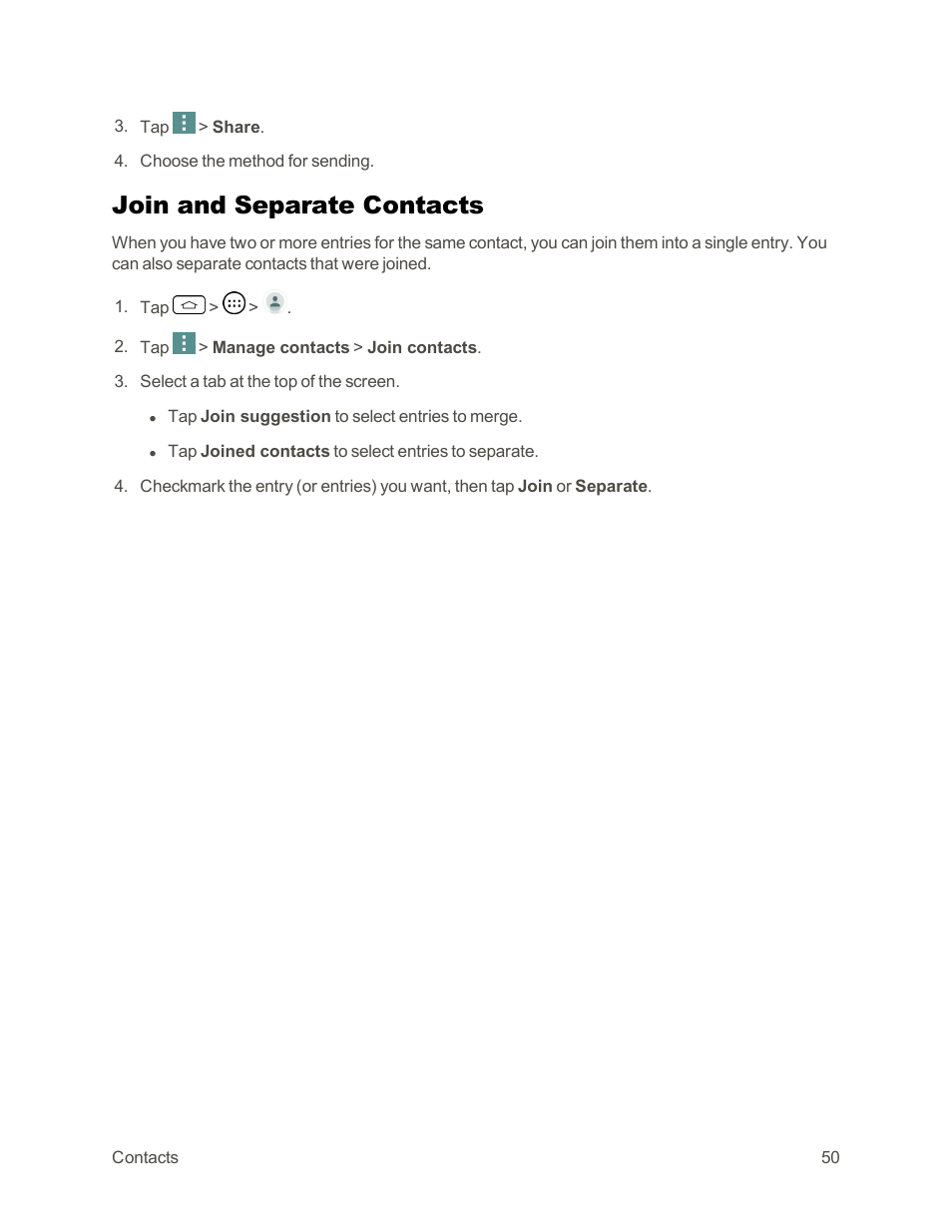 Join and separate contacts | LG Tribute User Manual | Page 58 / 148