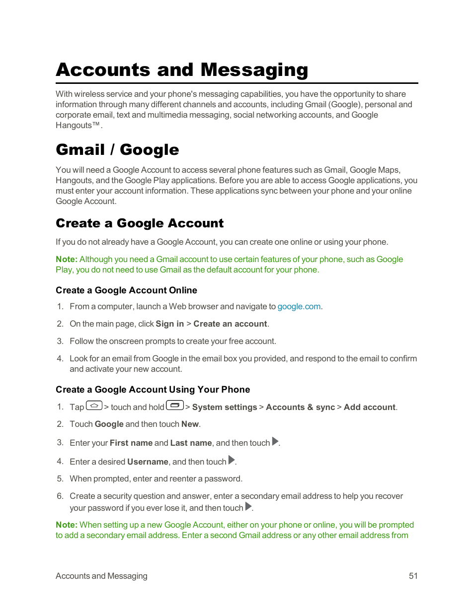 Accounts and messaging, Gmail / google, Create a google account | Gmail/google | LG Tribute User Manual | Page 59 / 148