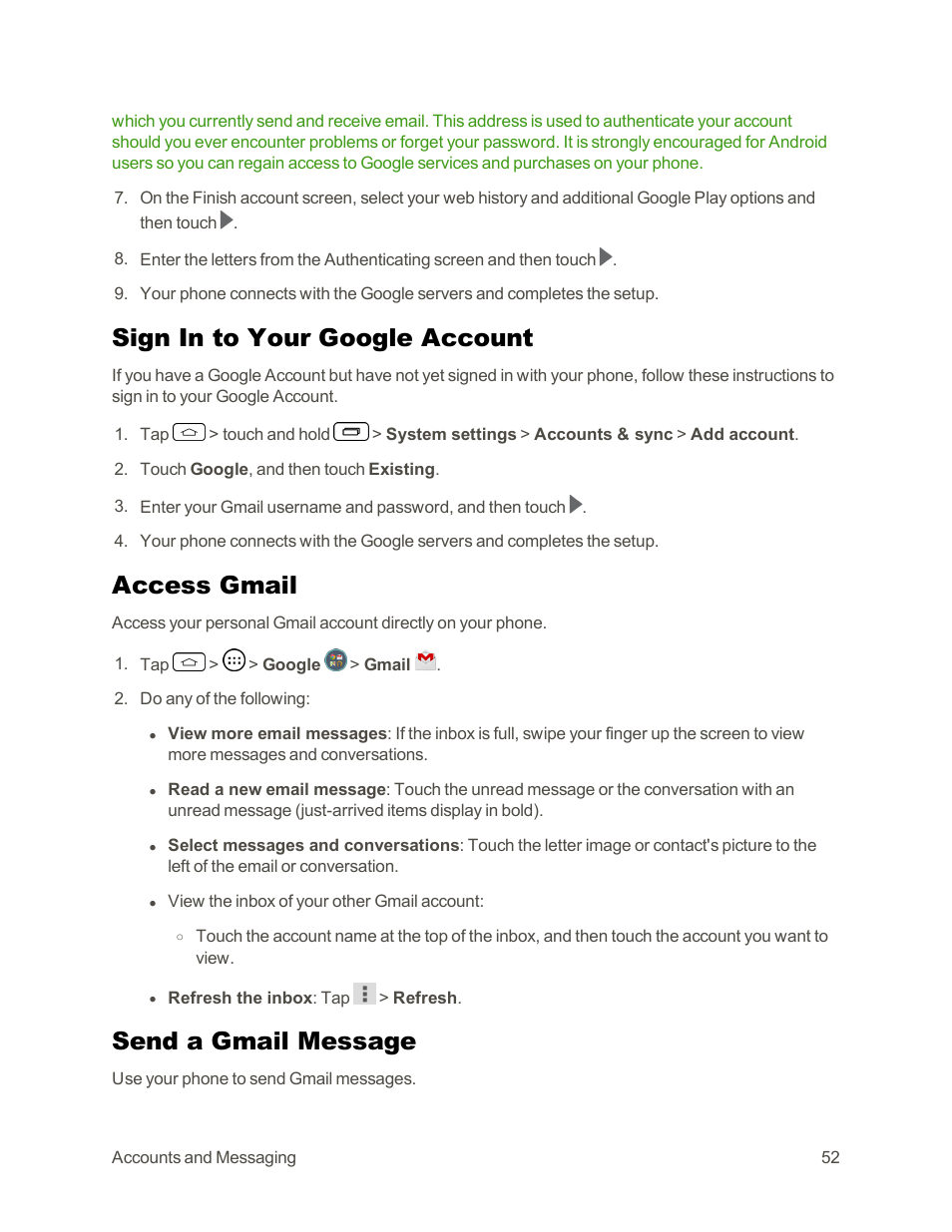 Sign in to your google account, Access gmail, Send a gmail message | LG Tribute User Manual | Page 60 / 148