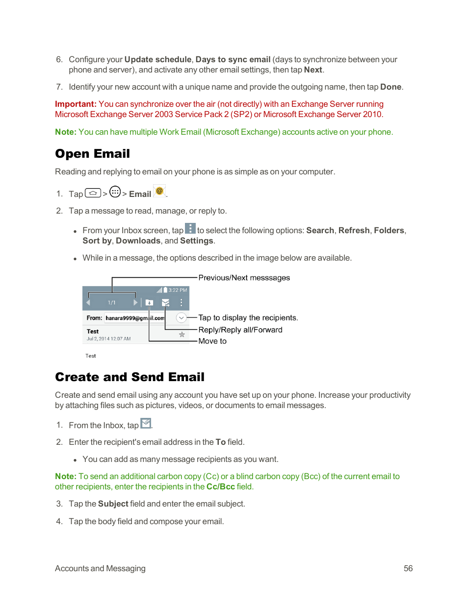 Open email, Create and send email | LG Tribute User Manual | Page 64 / 148