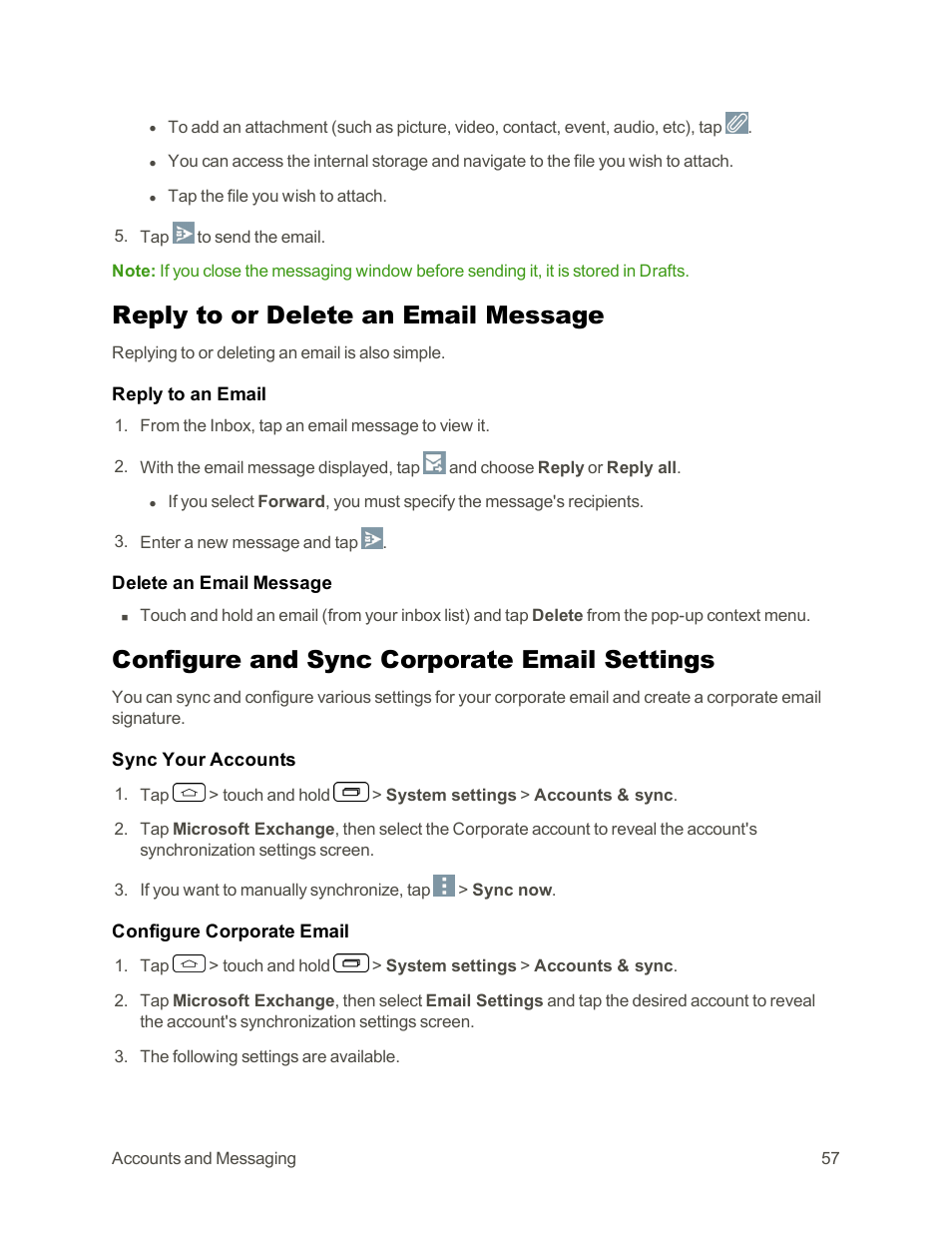 Reply to or delete an email message, Configure and sync corporate email settings | LG Tribute User Manual | Page 65 / 148