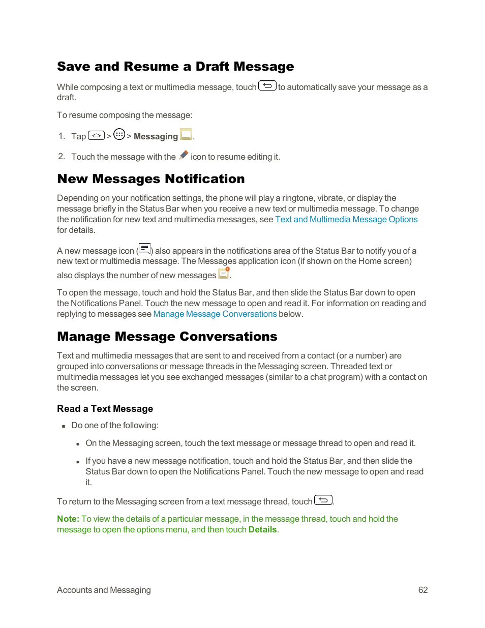 Save and resume a draft message, New messages notification, Manage message conversations | LG Tribute User Manual | Page 70 / 148